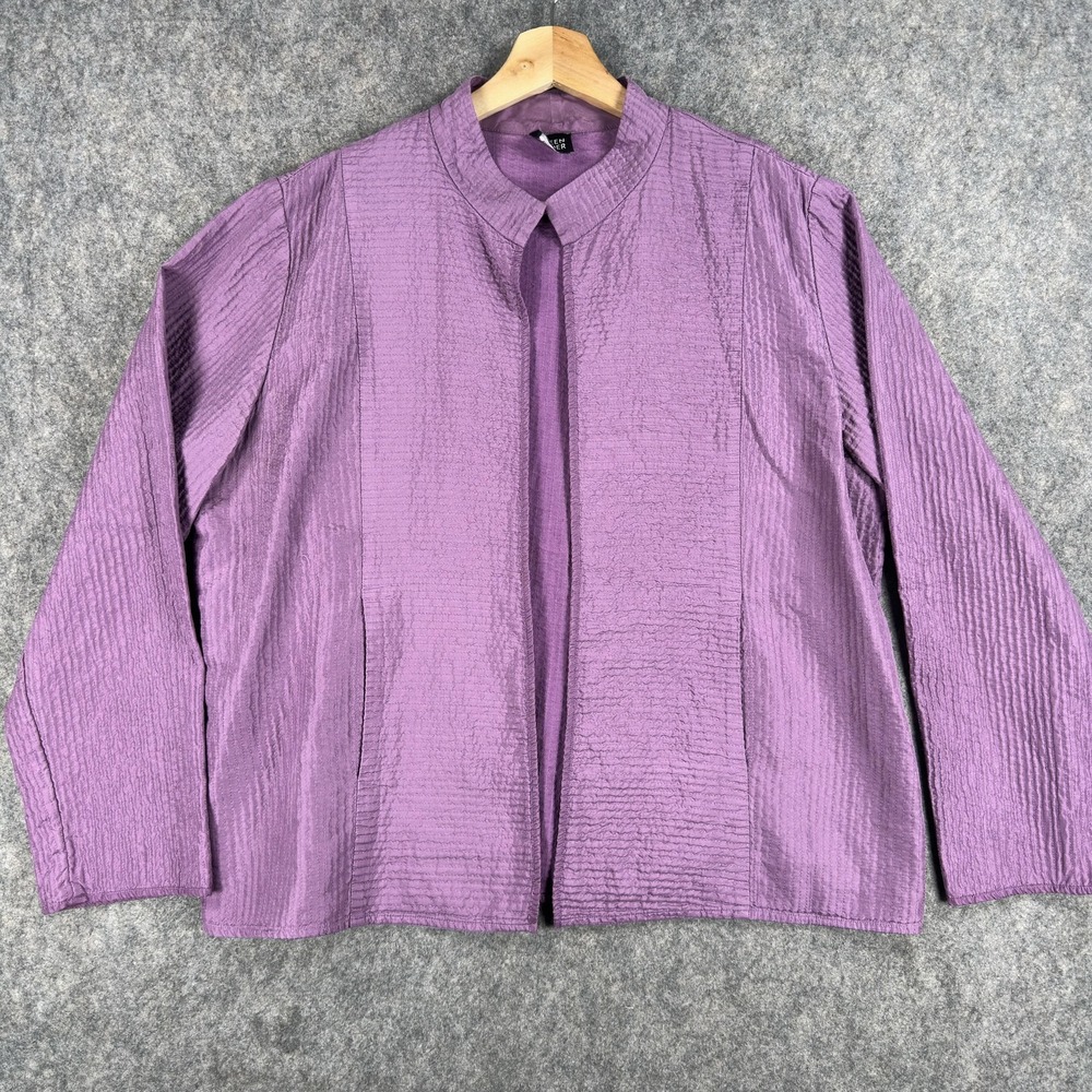 Eileen‎ Fisher Jacket Womens Large Purple Silk Textured Open Front Pockets